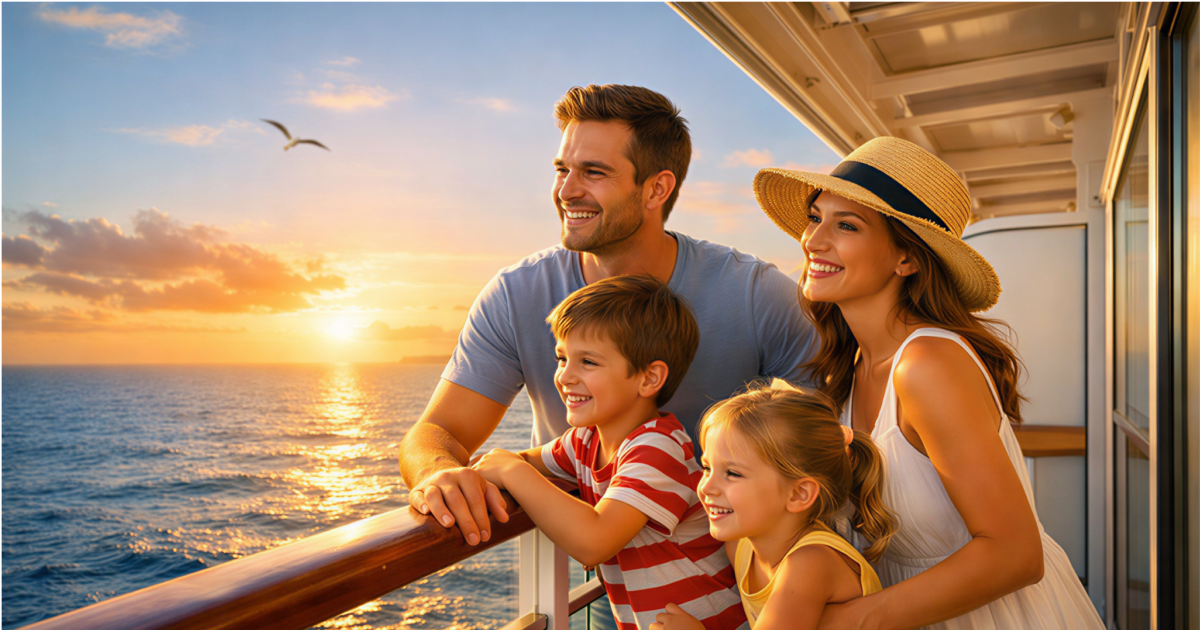 Família feliz com duas crianças observando o pôr do sol na varanda de um navio de cruzeiro.