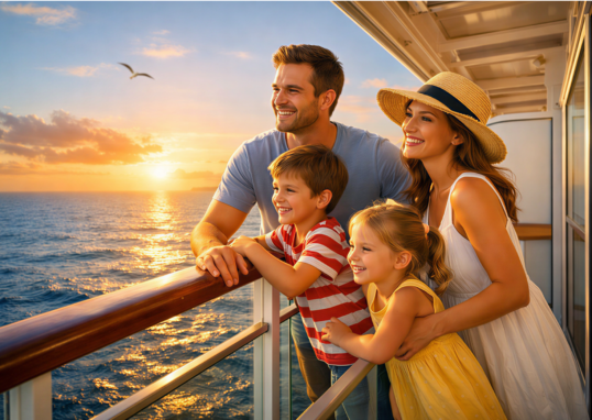 Família feliz com duas crianças observando o pôr do sol na varanda de um navio de cruzeiro.