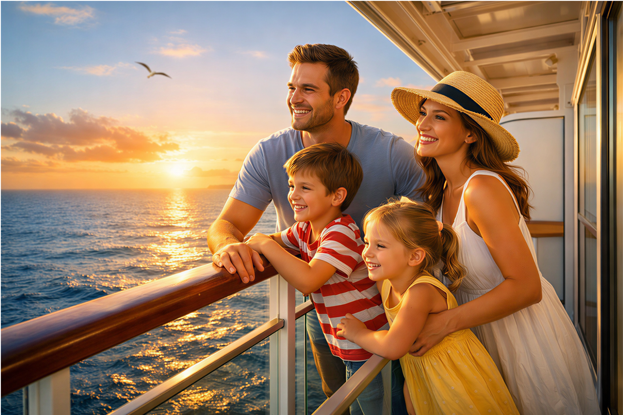 Família feliz com duas crianças observando o pôr do sol na varanda de um navio de cruzeiro.