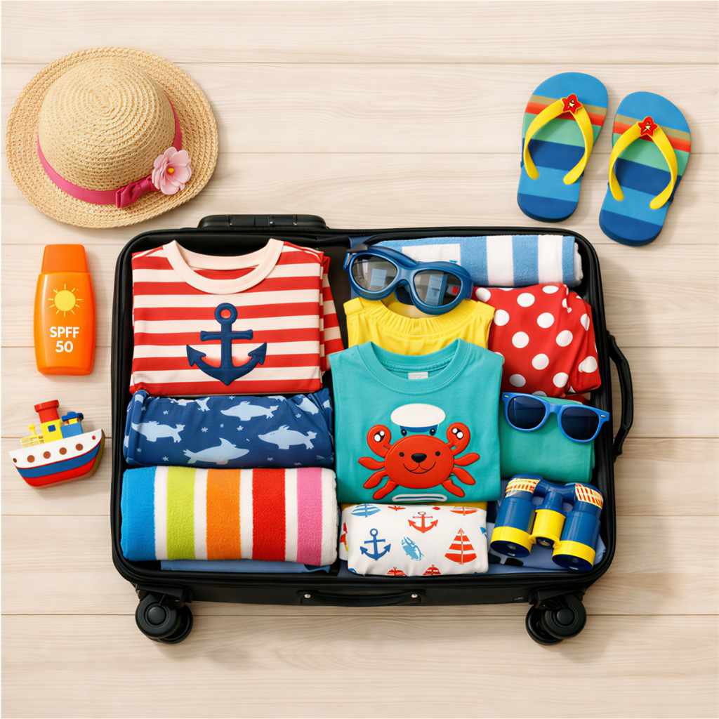 Mala de viagem infantil organizada com roupas coloridas, protetor solar e acessórios para cruzeiro.